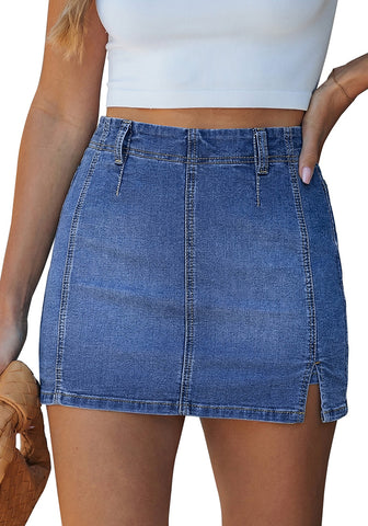 LookbookStore Women's Medium Blue High Waisted Side Slit Denim Skorts, Stretchy Mini Skirt with Shorts, Country Concert Style