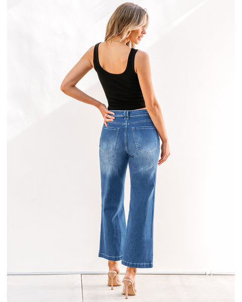 2024 Lapis Longing Women's Casual Flare High Waisted Jeans Wide Leg Relaxed Fit Stretch Ruched Denim Pants Trouser