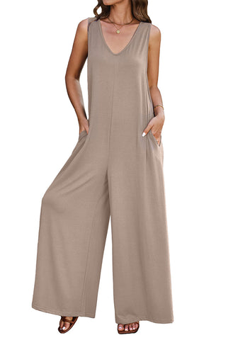 Taupe Women's Casual Wide Leg Sleeveless V Neckline Jumpsuits Baggy Overall With Pockets