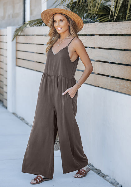 Chocolate Brown Women's Wide Leg Sleeveless Jumpsuits Loose Fit Spaghetti Strap Jumpsuit with Pockets