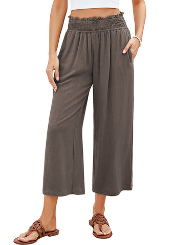 Coffee Brown Women's High Waisted Wide Leg Elastic Waist Linen Palazzo Pants Pull On Smock Waist Baggy Fit Trousers