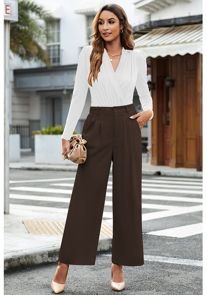 Petite Khaki High Waisted Wide Leg Pants for Women Business Casual Flo –  Lookbook Store