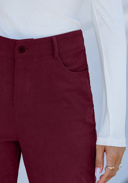 Wine Red - Women's High Rise Straight Fit Corduroy Pants Elastic Waistband Chic Autumn Winter Essential Retro