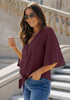 Maroon Women's V Neck Button Down Shirts 3/4 Bell Sleeve Tie Knot Blouse