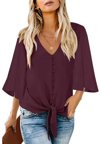 Maroon Women's V Neck Button Down Shirts 3/4 Bell Sleeve Tie Knot Blouse