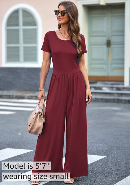 Wine Red Women's Wide Leg Jumpsuits Baggy Loose Short Sleeves Overall