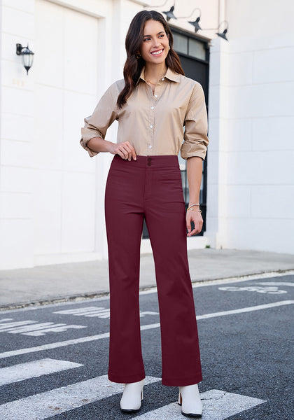 Wine Red Women's Wide Leg Corduroy Pants Fashion High Waisted Pants with Pockets