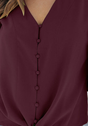 Maroon Women's V Neck Button Down Shirts 3/4 Bell Sleeve Tie Knot Blouse