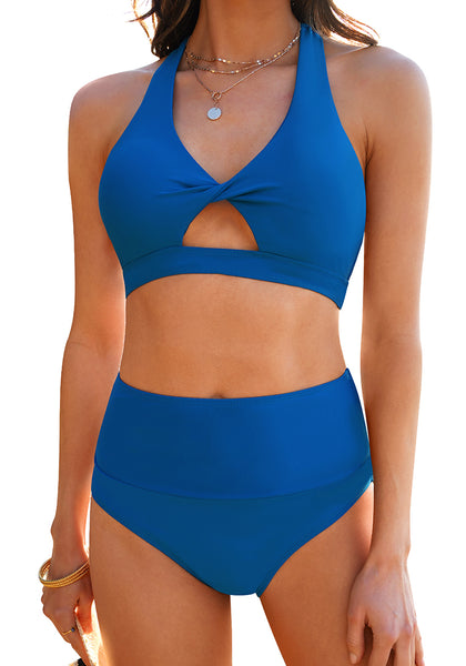Mykonos Blue Women High Waisted Two Pieces Bathing Suits Twisted Front Fully Lined Swimsuits