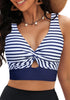 Blue Stripe Women's Beach Bikini Top Swimsuit Cover Up Floral Printed Wide Adjustable Strap-Tops