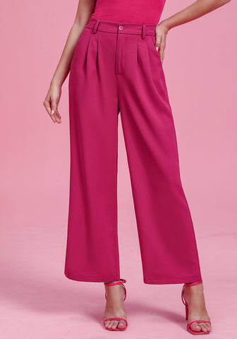 Petite Magenta High Waisted Wide Leg Pants for Women Business Casual Flowy Trouser
