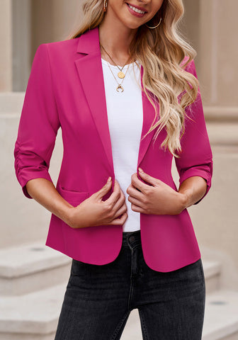 Magenta LookbookStore Women's Crop Sleeves Side Pockets Front Button Short Work Office Blazer Coats