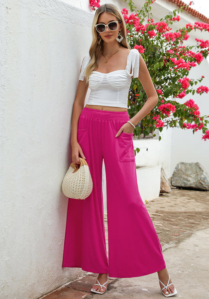 Hot Pink Women's High Waisted Wide Leg Elastic Waist Bell Bottom Baggy Palazzo Pants