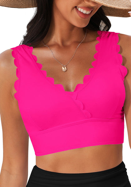 Neon Pink Women's Beach Wear Plain V-Neck Bikini Top Swimwear Wave Adjustable Strap