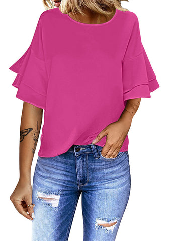 Magenta Women's Summer Blouse Casual Ruffle 3/4 Sleeve Tops Loose Shirts