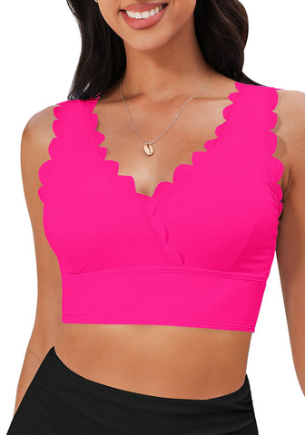 Neon Pink Women's Beach Wear Plain V-Neck Bikini Top Swimwear Wave Adjustable Strap