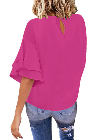 Magenta Women's Summer Blouse Casual Ruffle 3/4 Sleeve Tops Loose Shirts