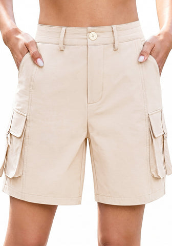 LookbookStore Women's Turtledove High Waist Cargo Shorts, 7" Inseam Elastic Waist Casual Mid Thigh Shorts, Utility Pockets Hiking Golf Outdoor Shorts