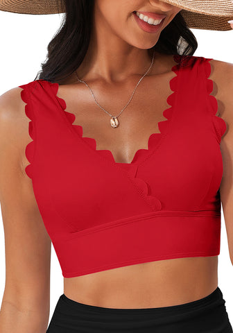 Red Women's Beach Wear Plain V-Neck Bikini Top Swimwear Wave Adjustable Strap