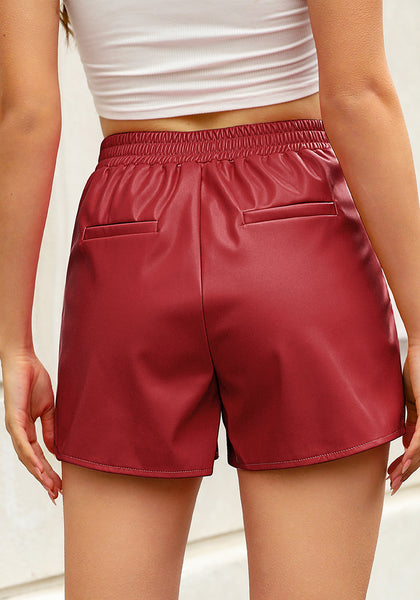 Red Women’s Faux Leather Shorts PU Leather Relaxed Fit Ultra High Rise Elastic Shorts