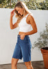 Classic Blue Relaxed Fit High Waisted Denim Bermuda Shorts Straight Leg Jeans