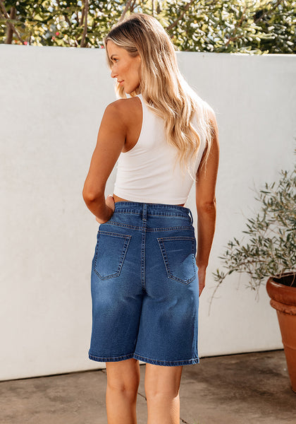 Classic Blue Relaxed Fit High Waisted Denim Bermuda Shorts Straight Leg Jeans