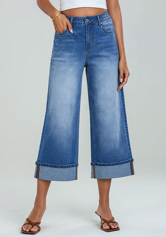 Medium Blue Women's High Waisted Wide Leg Denim Jeans Cuffed Hem Baggy Pockets Capri Pants