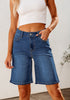 Classic Blue Relaxed Fit High Waisted Denim Bermuda Shorts Straight Leg Jeans