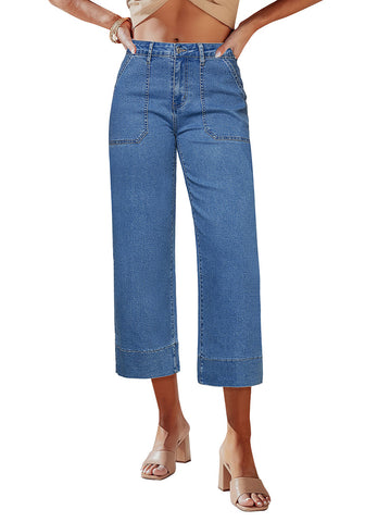 Classic Blue Women's Cropped High Rise Denim Pull On Retro Wide Leg Jeans