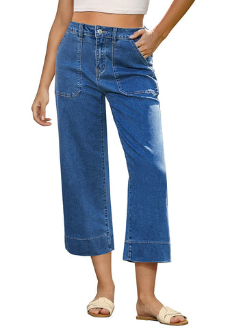 Classic Blue Women's Cropped High Rise Denim Pull On Retro Wide Leg Jeans