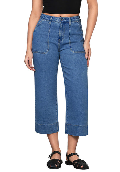 Classic Blue Women's Cropped High Rise Denim Pull On Retro Wide Leg Jeans