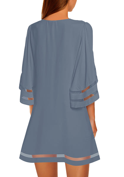 Blue Gray Women Casual Crewneck Mesh Panel 3/4 Bell Sleeve Loose Tunic Dress