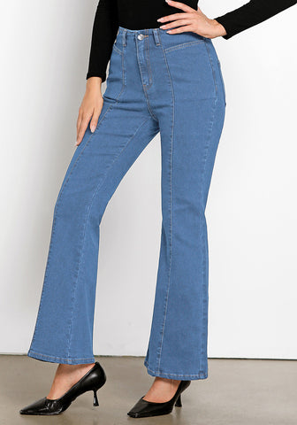 Medium Blue Women's High Waisted Denim Regular Full Length Stretch Flare Jeans