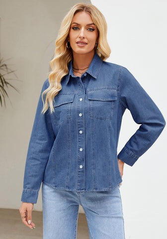 Indigo Classic Blue Women's Long Sleeve Shirt Button Front Western-inspired Urban Streetwear Denim Blouse Top