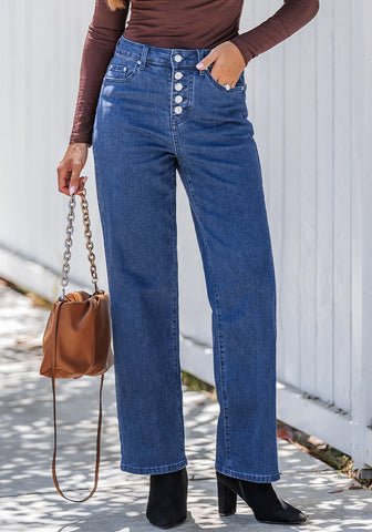 Classic Blue Trendy Wide Leg Jeans for women  Chic High Waisted Stretchy Button Front Denim Pants