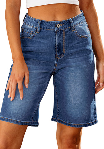 Classic Blue Relaxed Fit High Waisted Denim Bermuda Shorts Straight Leg Jeans