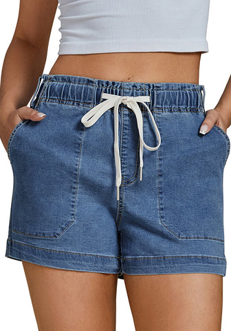 Medium Blue Women's Comfy Denim Drawstring Flat Front Jean Pocket Shorts Stretch Utility Styles