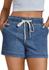 Medium Blue Women's Comfy Denim Drawstring Flat Front Jean Pocket Shorts Stretch Utility Styles