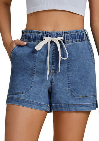 Medium Blue Women's Comfy Denim Drawstring Flat Front Jean Pocket Shorts Stretch Utility Styles
