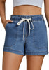 Medium Blue Women's Comfy Denim Drawstring Flat Front Jean Pocket Shorts Stretch Utility Styles