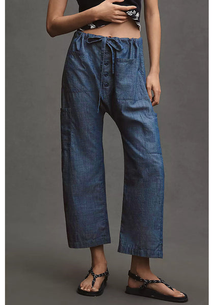 LookbookStore Women's Brilliant Blue Trendy Barrel Jeans, High Rise Wide Leg Baggy Denim Pants with Elastic Drawstring Waist & Button Fly