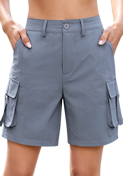 LookbookStore Women's Blue Gray High Waist Cargo Shorts, 7" Inseam Elastic Waist Casual Mid Thigh Shorts, Utility Pockets Hiking Golf Outdoor Shorts