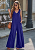Navy Blue Women's Casual Wide Leg Sleeveless V Neckline Jumpsuits Baggy Overall With Pockets