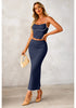 Navy Blue Women's Business Casual 2 Piece Sleeveless Suit Set with Fishtail Skirt