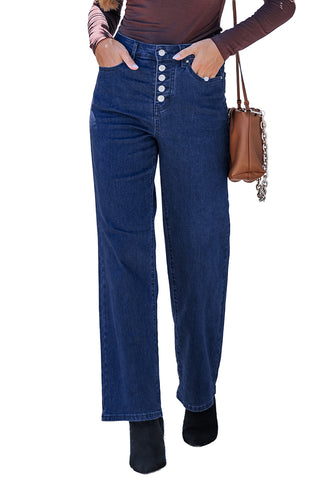 Darkness Blue Trendy Wide Leg Jeans for women  Chic High Waisted Stretchy Button Front Denim Pants