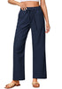 Dark Blue Women's Casual Full Length Elastic High Waist Relaxed Fit Wide Leg Pants with Pocket