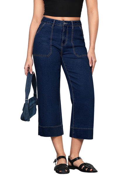 Dark Blue Women's Cropped High Rise Denim Pull On Retro Wide Leg Jeans