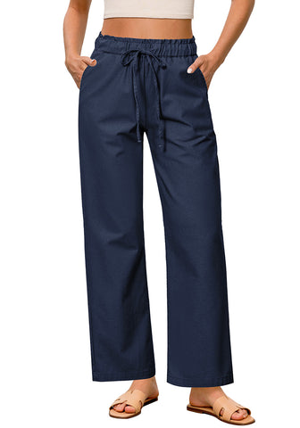Dark Blue Women's Comfortable Cool-Touch Drawstring Full-Length Lightweight Wide Leg Trousers