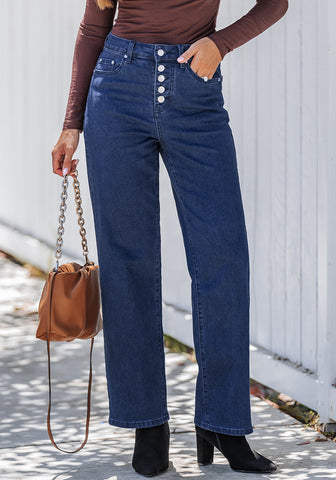 Darkness Blue Trendy Wide Leg Jeans for women  Chic High Waisted Stretchy Button Front Denim Pants