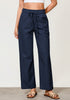 Dark Blue Women's Casual Full Length Elastic High Waist Relaxed Fit Wide Leg Pants with Pocket